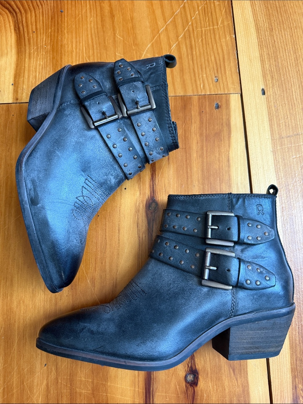 Black Studded Double-Buckle Leather Ankle Boots